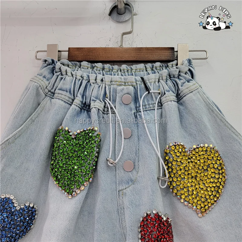 LEZONKIDS - Shorts de ganga personalizáveis para meninas com cintura alta e miçangas de cristal em forma de coração requintado no verão